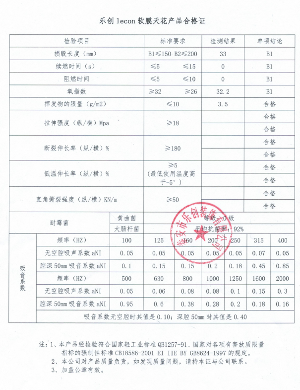 樂創(chuàng)軟膜天花合格證